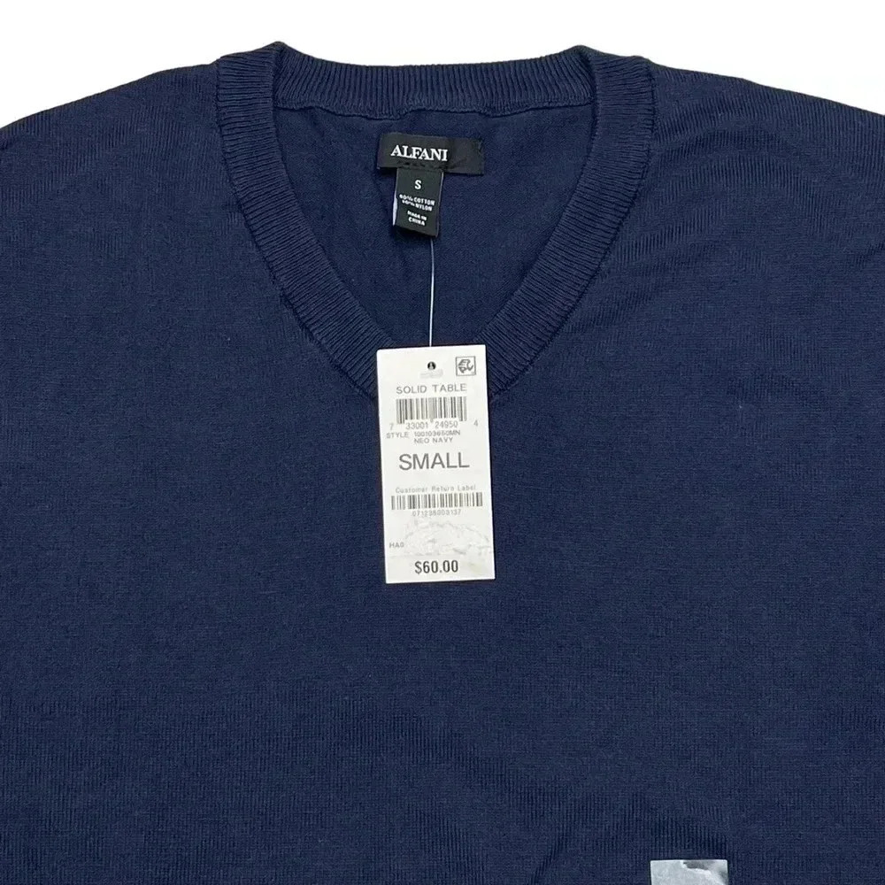 Alfani Solid Table Cotton Blend Navy V-Neck Classic Fit Mens Sweater - Picture 5 of 10